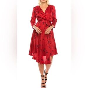 MAISON TARA Asymmetrical Midi Dress Sz 10 Floral 3/4 Sleeve Faux Wrap Dress Red